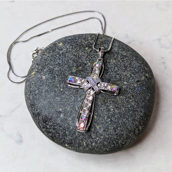 White Gold Plated Crystal Cross Necklace - Picture 9 of 12